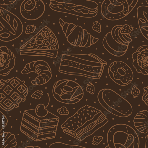 Bakery and pastry dark seamless pattern. Vector background with sweet food and desserts for cafe decoration