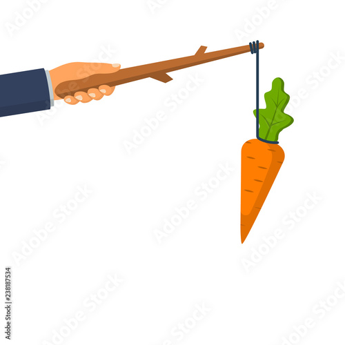 Carrot on a stick. Incentive concept. Business metaphor management and leadership. Big hand holds carrot. Motivate people. Vector illustration flat design. Isolated on white background.