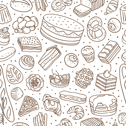 Sweet bakery food seamless pattern. Cute vector background with cakes, desserts, pies, bread