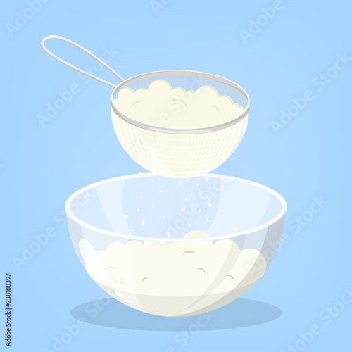 Flour in the sieve. Prepare flour for baking