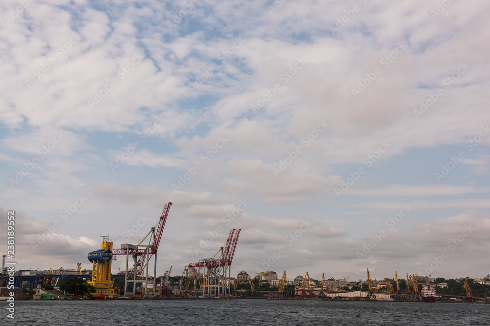 View of the cargo port and the city from the sea. Odessa. Black Sea. Ukraine
