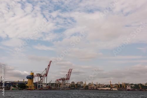 View of the cargo port and the city from the sea. Odessa. Black Sea. Ukraine 