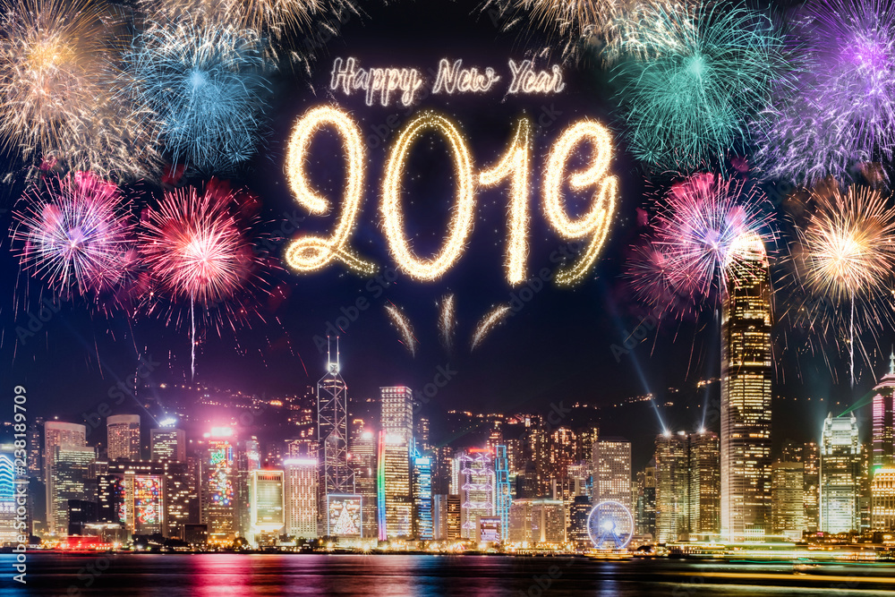 Happy new year 2019 firework over cityscape building at night time celebration,Happy new year countdown.greeting card.