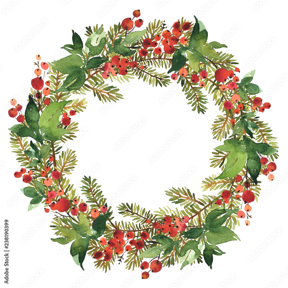 Christmas Watercolor wreath of spruce and red holly berries Stock ...