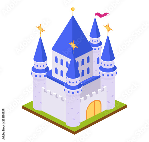 Game fairy brick castle fortress, with surrounding landscape.
