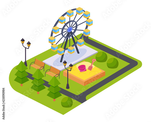 Children's game park of attractions and entertainments, with adjacent landscape.