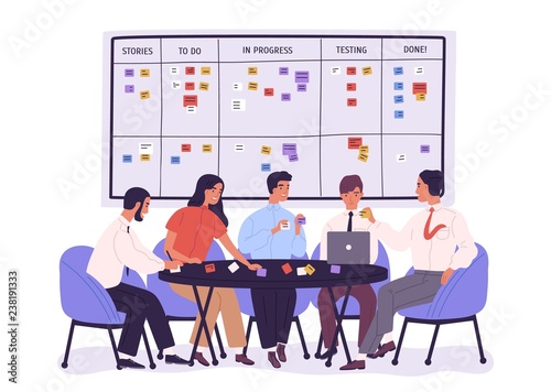 Group of people or office workers sitting around table and discussing work issues against SCRUM task board with sticky notes. Team working under project. Vector illustration in flat cartoon style.