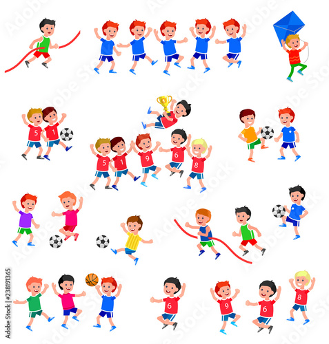 Cute vector character child playing football, basketball