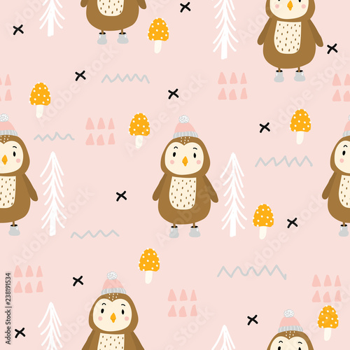 Seamless pattern with cute owl in Scandinavian style. Ideal for printing on fabric, children's clothing. Hand-drawn.