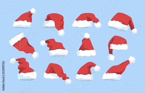 Collection of Santa Claus red winter hats isolated on blue background. Bundle of holiday Christmas decorations. Set of festive decorative design elements. Vector illustration in flat cartoon style.