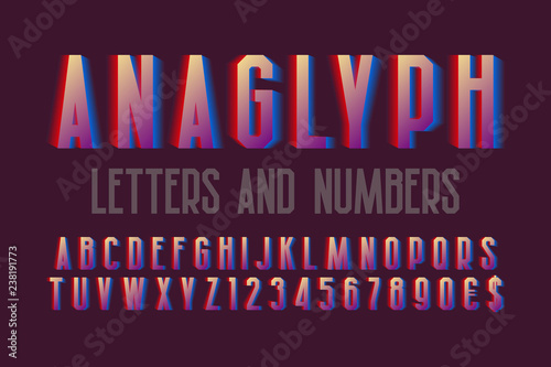 Anaglyph letters and numbers with currency signs. Urban vibrant font. Isolated english alphabet.