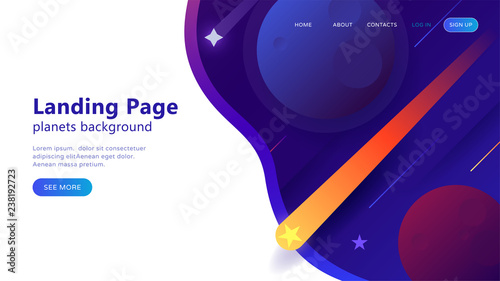 Landing page template for websites, or apps with open space, dynamic shapes, falling star and planets. Flat style. Vector illustration