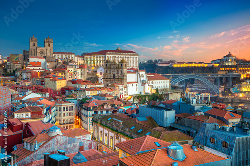 Obraz na płótnie Porto, Portugal. Aerial cityscape image of Porto, Portugal with the Porto Cathedral and old town during sunset. w salonie