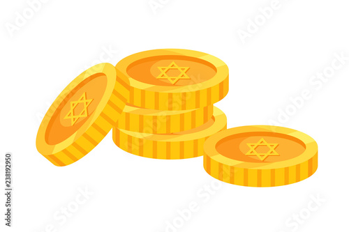 Traditional holiday of Hanukkah, gold coins with symbols of holiday.