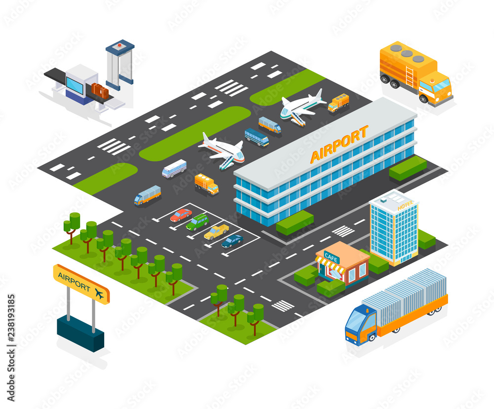 Set of objects modern airport facilities. Airport, hotel, cafe, parking. Set of objects modern airport facilities. Airport, hotel, cafe, parking.