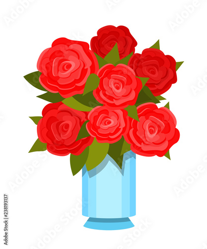 Vase with beautiful bouquet of festive red roses with leaves.