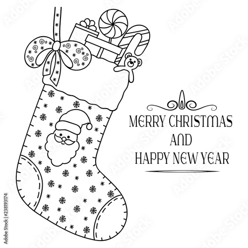 Decorative festive lettering - text greetings Merry Christmas and Happy New Year. Holiday decoration in form of stocking with Santa Claus, toys, gifts, candy, snowflakes, bow. Coloring book page.