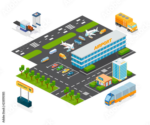 Set of objects modern airport facilities. Airport, hotel, cafe, parking.