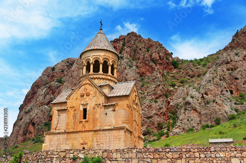 Scenic Novarank monastery in Armenia. against dramatic sky. Noravank monastery was founded in 1205. It is located 122 km from Yerevan in narrow gorge made by Darichay river nearby city of Yeghegnadzor