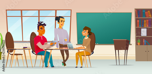 Young people communicate in the office of the school or university. Communication concept of students. Modern character design.