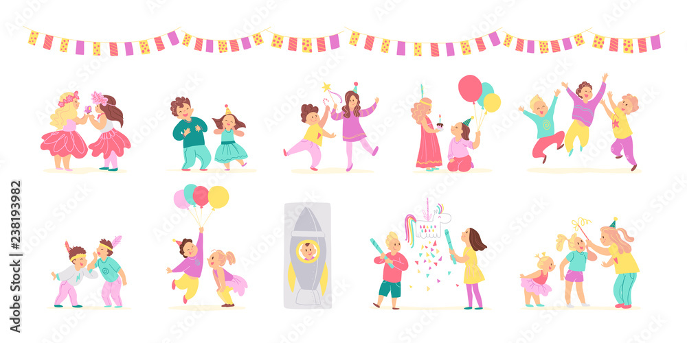 Vector collection of birthday party happy kids with balloons, pinata playing and celebrating isolated on white background. Flat hand drawn cartoon style. Good for card, pattern, tag, invitation etc.