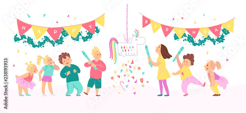 Vector collection of birthday party happy kids with balloons, pinata playing and celebrating isolated on white background. Flat hand drawn cartoon style. Good for card, pattern, tag, invitation etc.