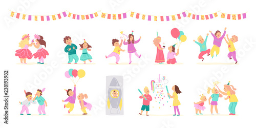 Vector collection of birthday party happy kids with balloons, pinata playing and celebrating isolated on white background. Flat hand drawn cartoon style. Good for card, pattern, tag, invitation etc.