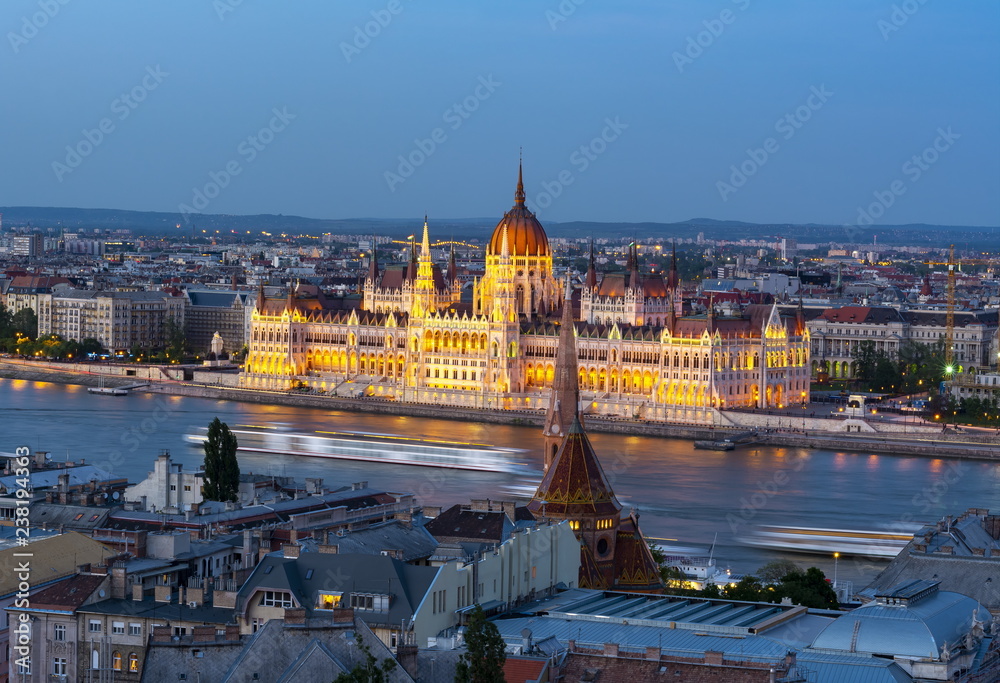 Hungarian Parliament Building and Danube river at dusk, Budapest, Hungary