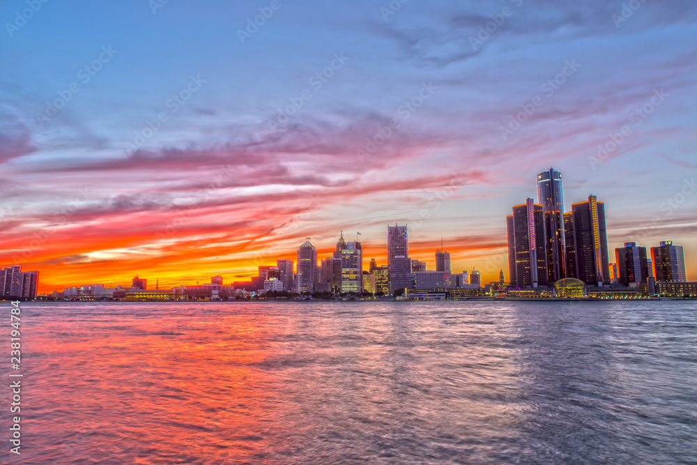 Detroit Skyline from Windsow Riverfront at Sunset