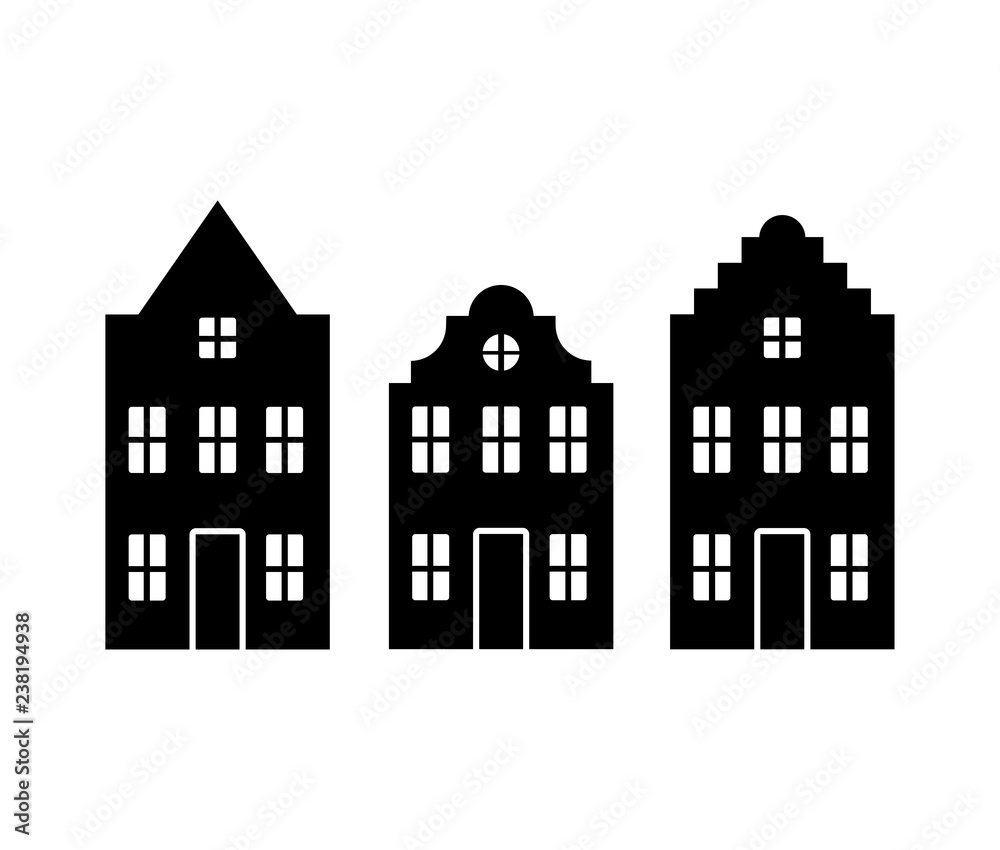 Vector set of traditional old Europe buildings like Amsterdam houses. Isolated black simplified silhouette