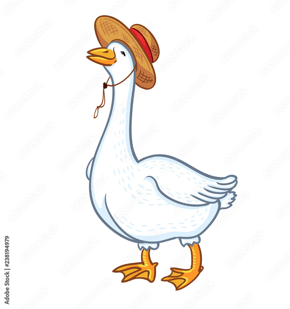 White goose with a hat isolated on white background, male goose. Cartoon funny goose, poultry, farm animal vector