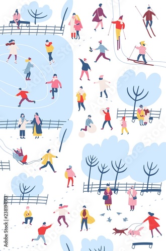 Tiny people dressed in winter clothes or outerwear performing outdoor activities at city park - walking, ice skating, skiing, building snowman. Colorful vector illustration in flat cartoon style.