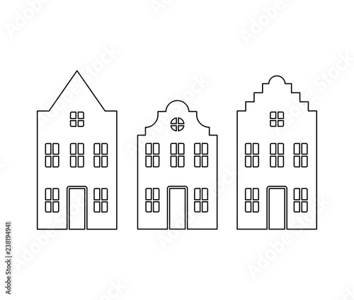Vector set of traditional old Europe buildings like Amsterdam houses. Isolated black line simplified silhouette
