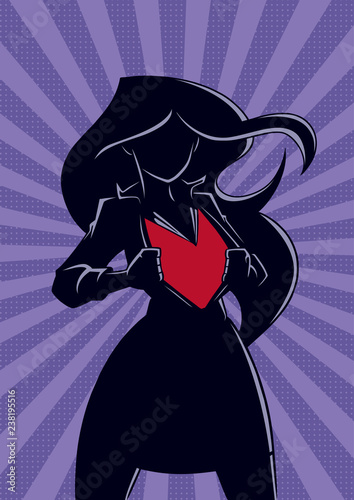Silhouette illustration of businesswoman revealing her true identity of powerful superheroine.