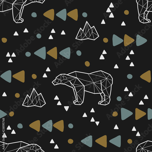 Seamless tribal pattern with low poly polar bears and triangles. Kids and baby fashion fabric design. illustration.