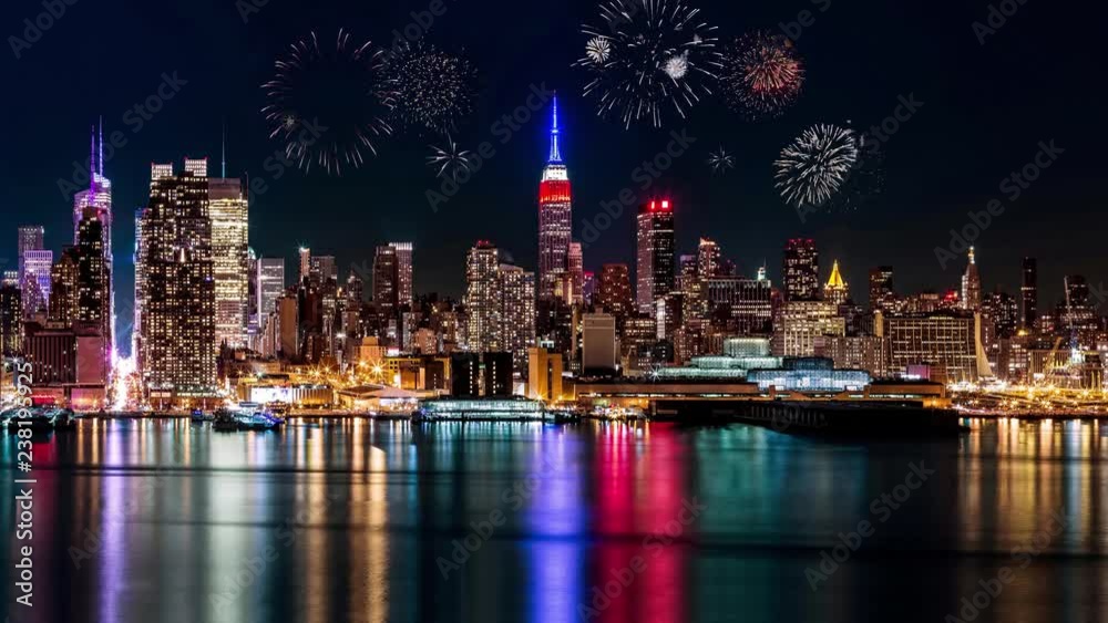 Fireworks with a Manhattan night view, New York City, United States | Cinemagraph | Loop | 4K |