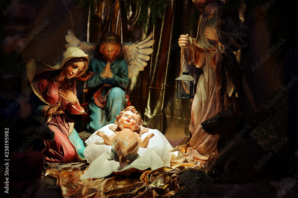 Christmas Nativity scene in the church, virgin Mary and Saint Joseph ...