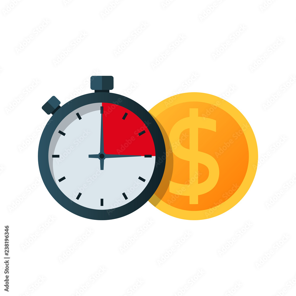 Fast money. Granting a loan in a short time. Big coin and stopwatch. Quick simple credit. Business and finance services. Timely payment, financial solution. Vector illustration flat design. Fast money. Granting a loan in a short time. Big coin and stopwatch. Quick simple credit. Business and finance services. Timely payment, financial solution. Vector illustration flat design.