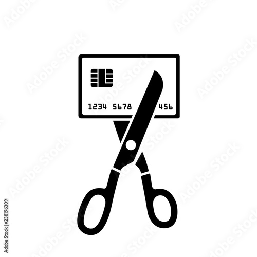 Cutting credit card silhouette. Debit card account closing. Pictogram scissors cutting bank card. Reduce cost. Vector illustration flat design. Isolated on white background.