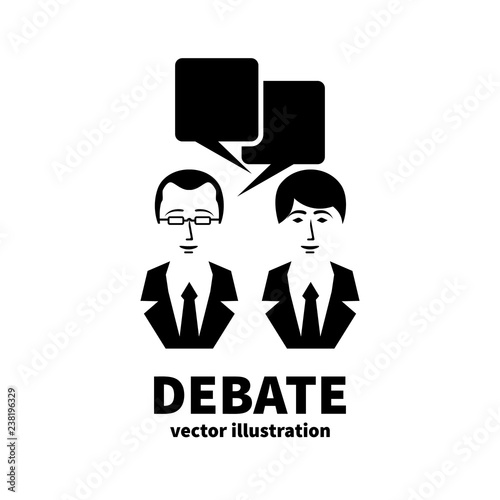 Discussion icon. Sign debate. Silhouettes of two people talking with bubble. Political meeting of opponents. Business conversational battle. Vector illustration flat design. Public dialog voters.