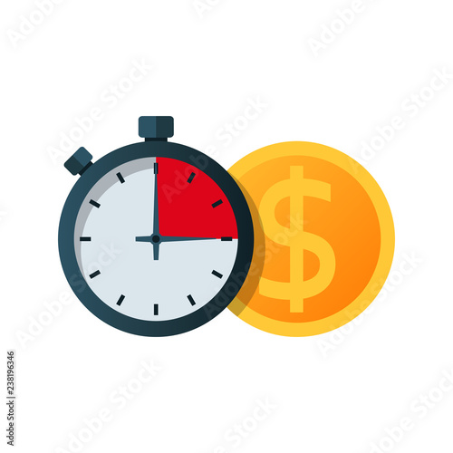 Fast money. Granting a loan in a short time. Big coin and stopwatch. Quick simple credit. Business and finance services. Timely payment, financial solution. Vector illustration flat design.