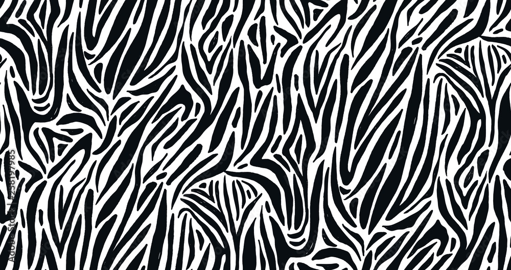 Seamless pattern with zebra or white tiger coat or fur texture. Animal backdrop with stripes or streaks. Monochrome vector illustration in flat style for wrapping paper, fabric print, wallpaper.