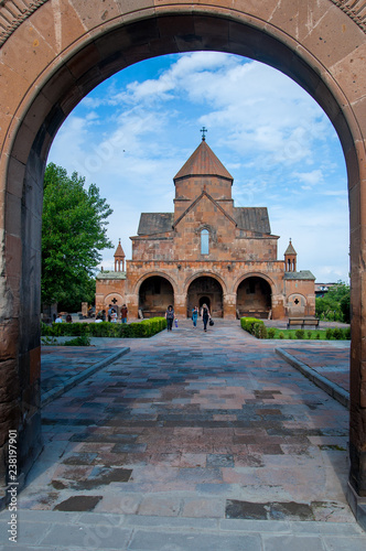 Armenia - Etchmiadzin Vagharshapat - 7th-century church of Saint Gayane taken through the arch of the church fence photo