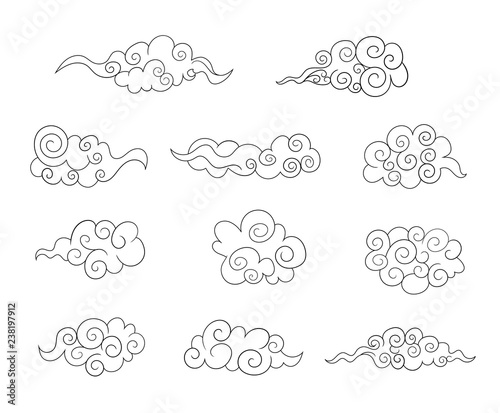 Vector Decorative Elements Set, Tradition Asian Art, Outline Clouds Isolated.