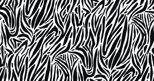Seamless pattern with zebra or white tiger coat or fur texture. Animal backdrop with stripes or streaks. Monochrome vector illustration in flat style for wrapping paper, fabric print, wallpaper.