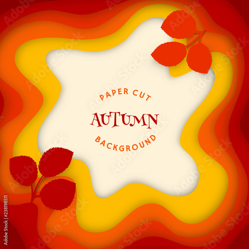 Autumn abstract background. Card with paper cut shapes and fall leaves with shadows.