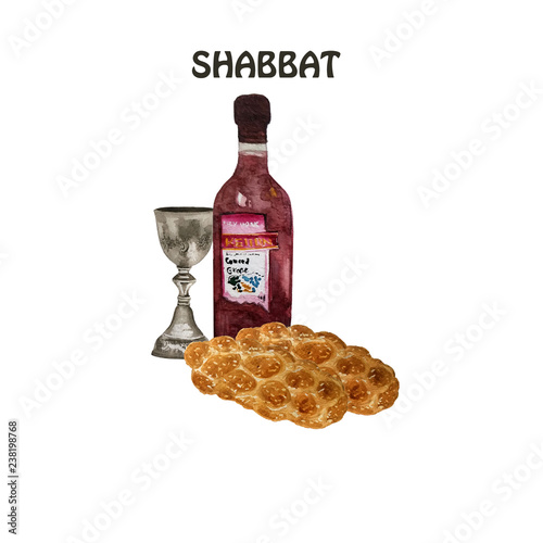 Lechem Mishneh and kiddush watercolor illustration for jewish shabbat. Hand drawn Israeli shabbat shalom photo