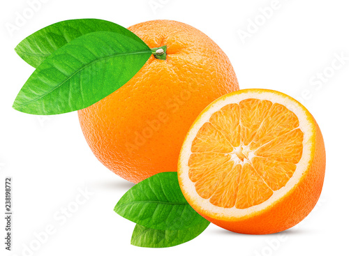 Orange fruit and one cut in half  with leaf