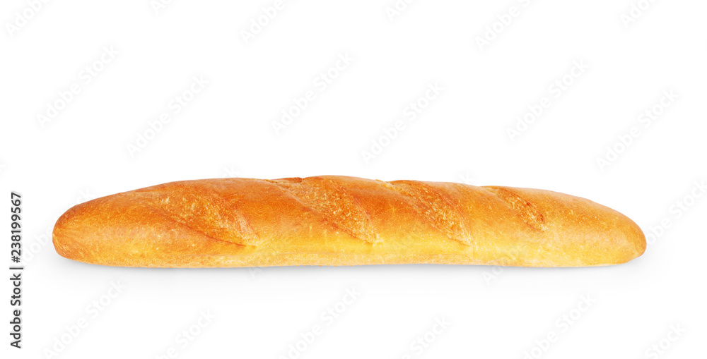 Freshly baked french baguette on white background