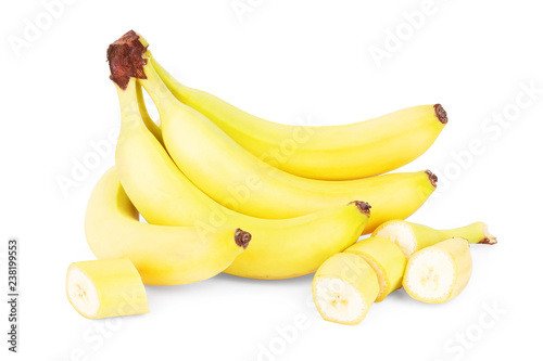 Banana bunch and peeled pieces isolated on white background